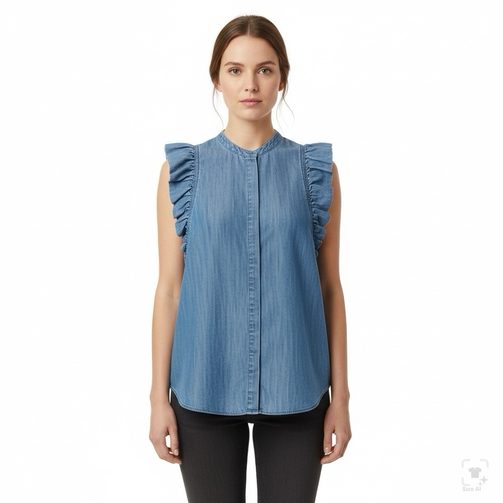 Express Denim Flutter Blue Ruffle Sleeve Button Up Blouse Sz S - Picture 10 of 13